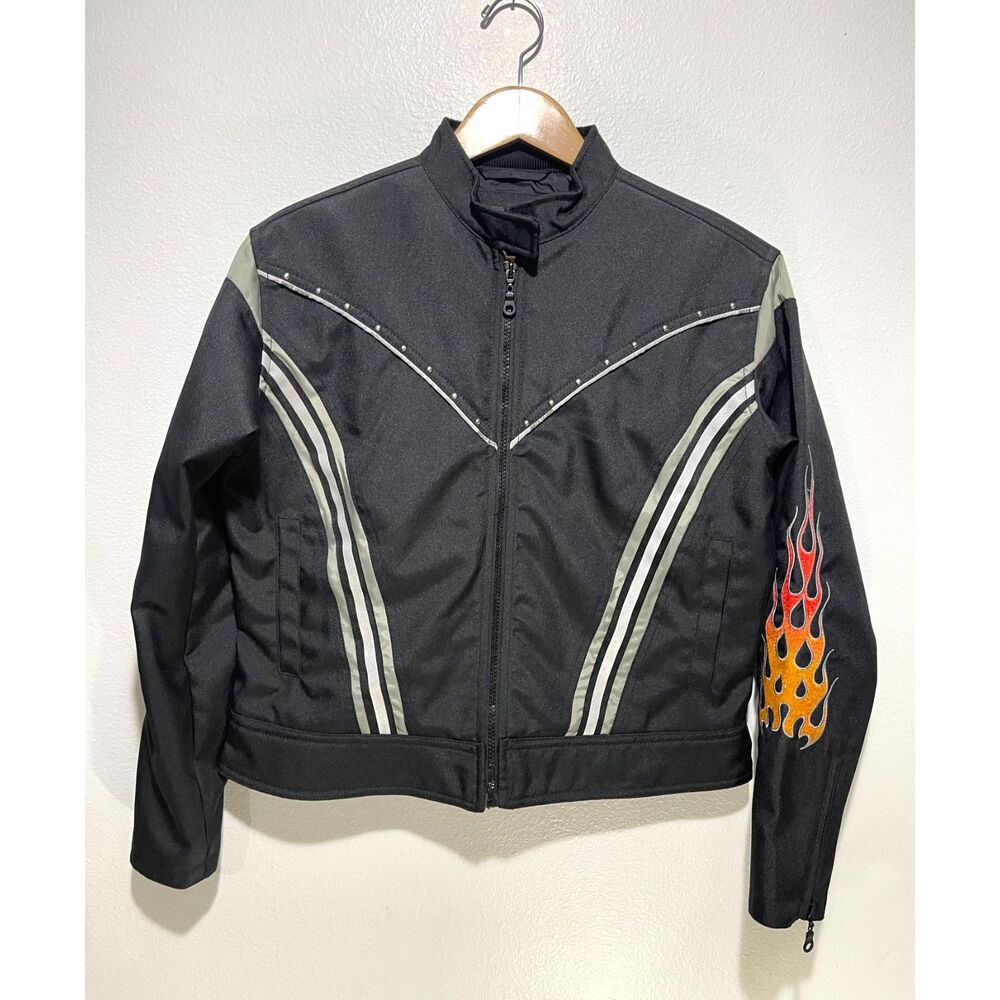 USA Biker Design jacket water resistant nylon black orange flame sports women L